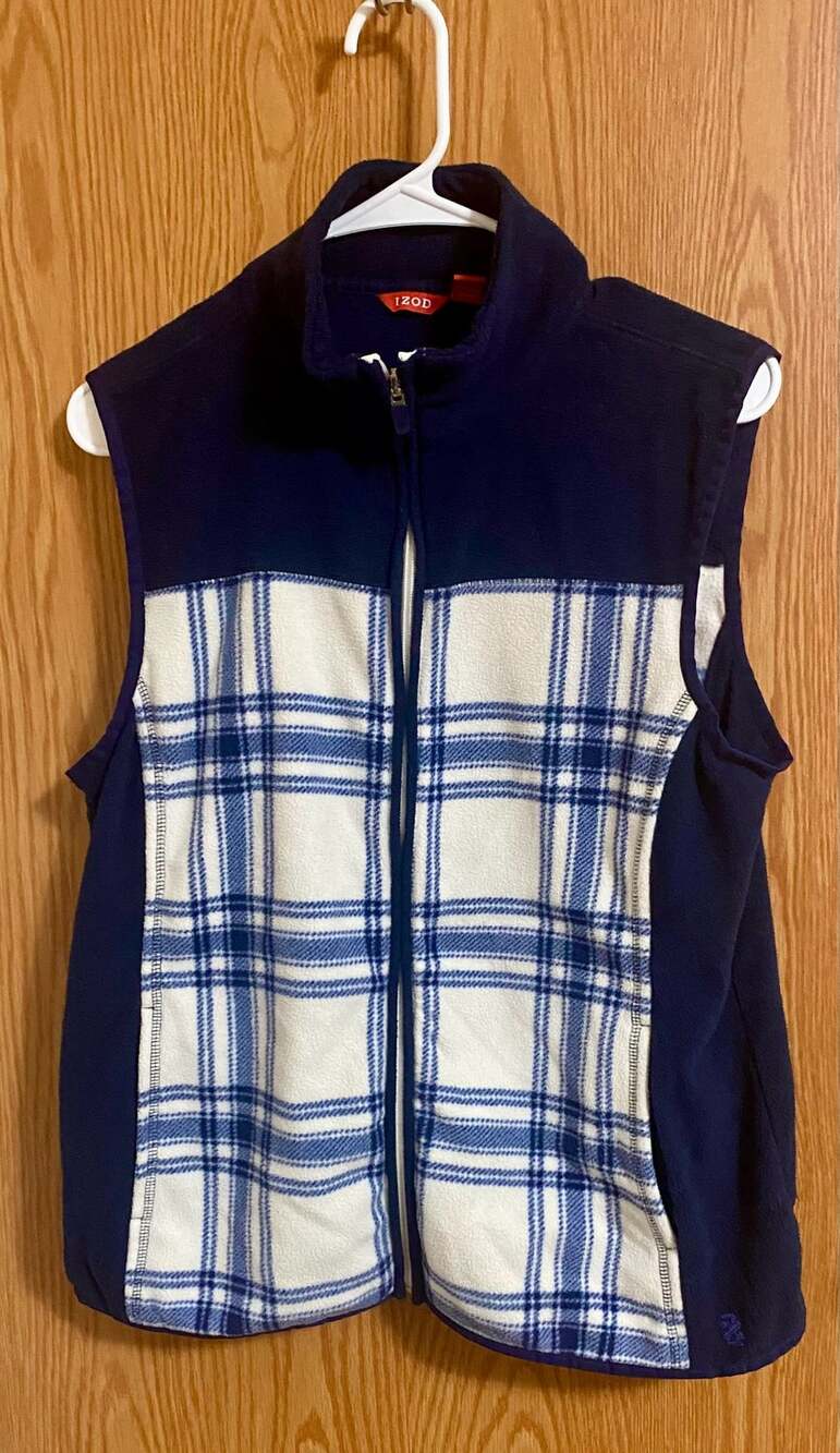 IZOD Fleece Plaid Vest Size L Blue White Full Zip Mock Neck